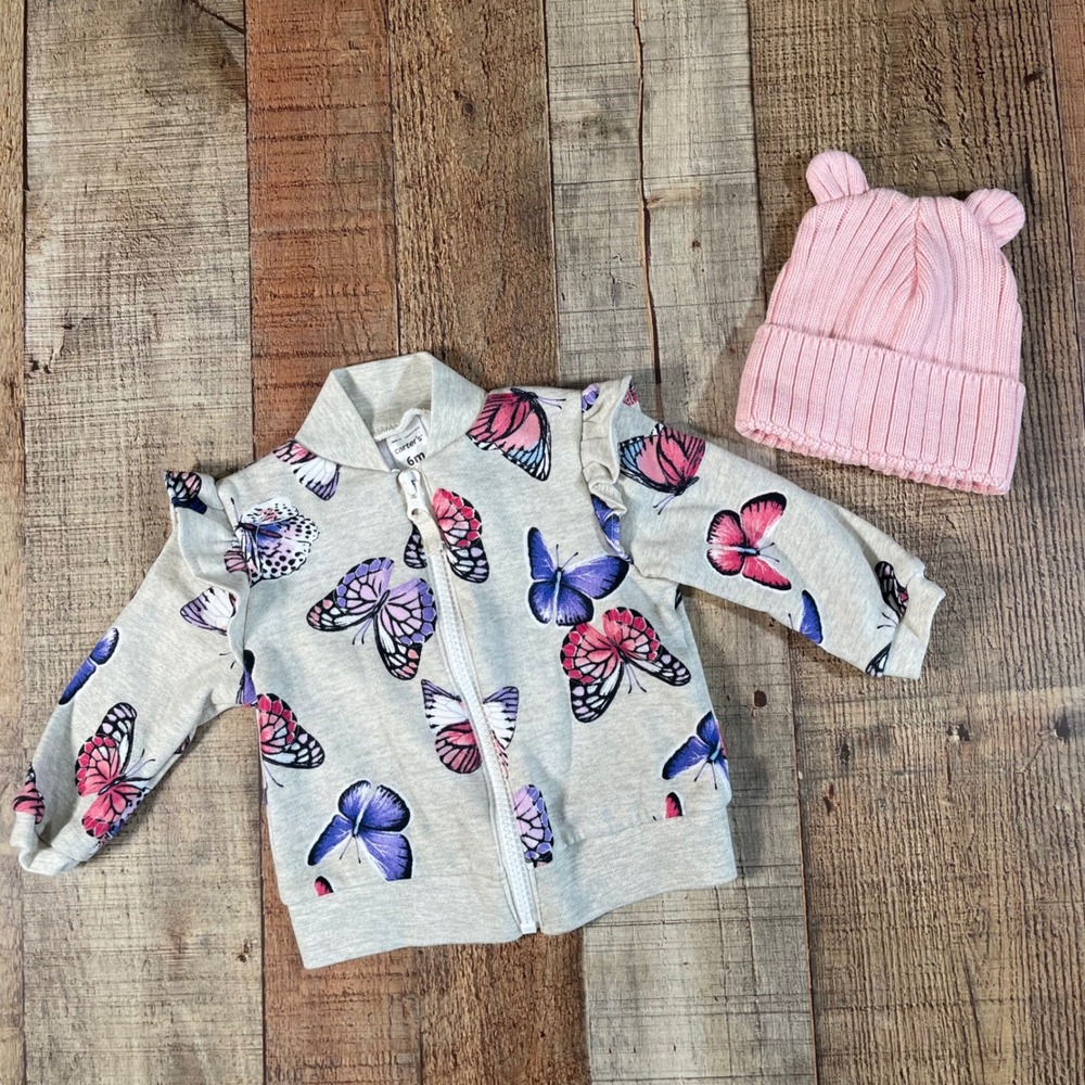 Carter's Gray Butterfly Ruffle Zip Jacket & Pink Bear Ear Beanie Set 6M 0-12M